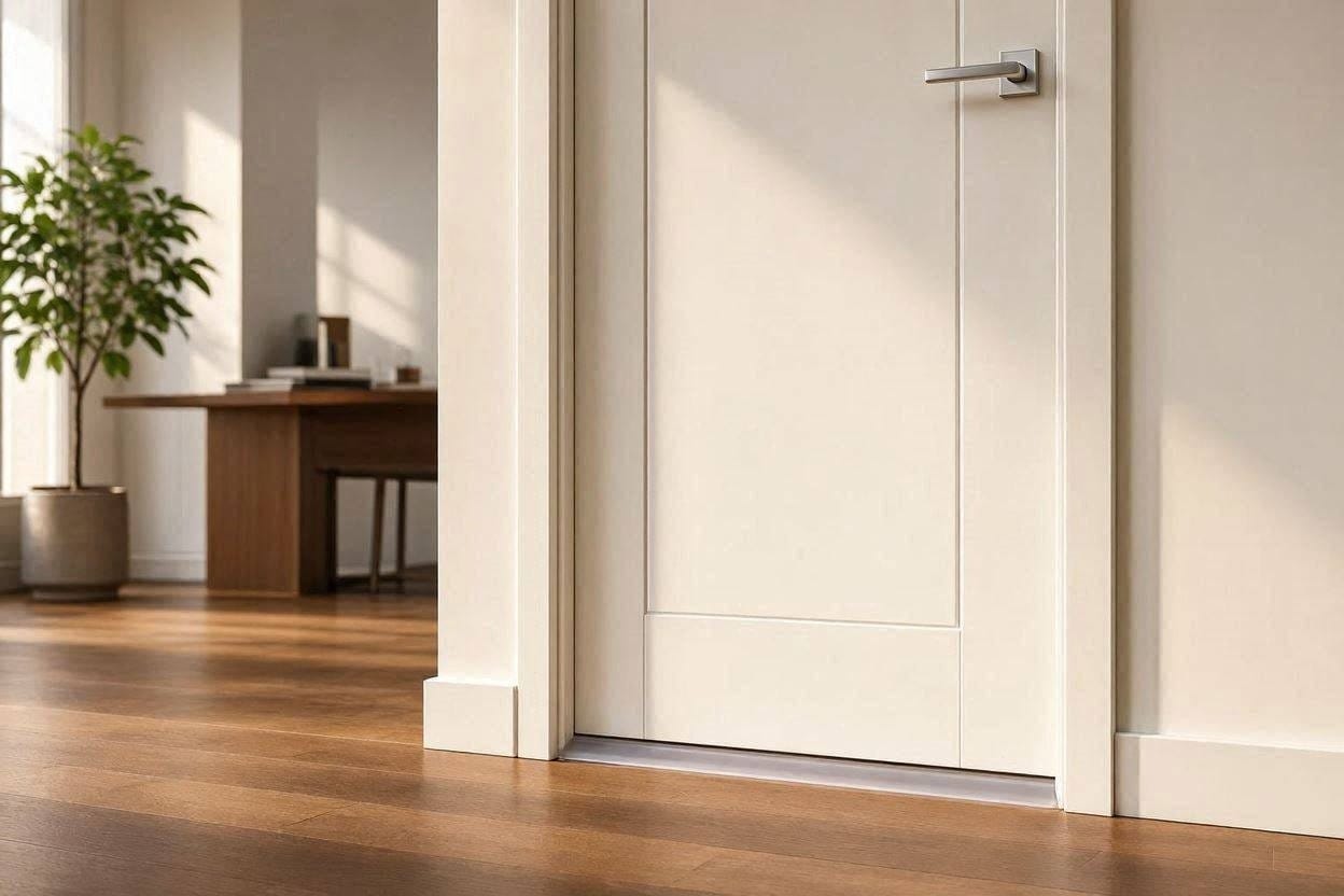 A modern white interior door fitted with a sound-blocking door sweep in a quiet home office