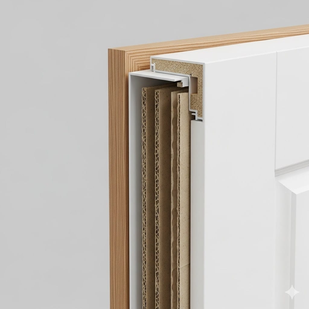 Cross section cutaway of a hollow core door showing the internal cardboard honeycomb structure