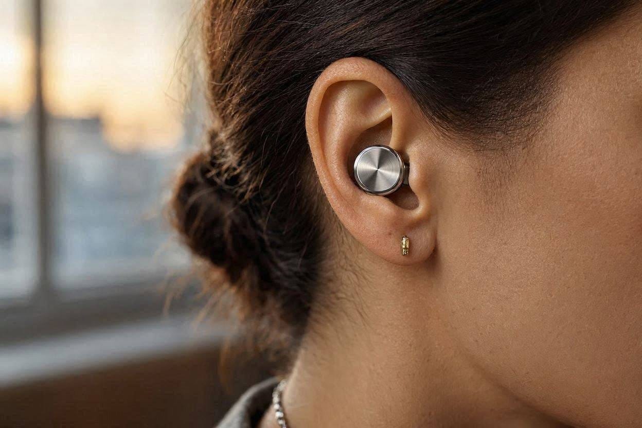 A woman wearing a metallic Loop Experience earplug, showing how it sits flush and looks like a piece of jewelry in the ear