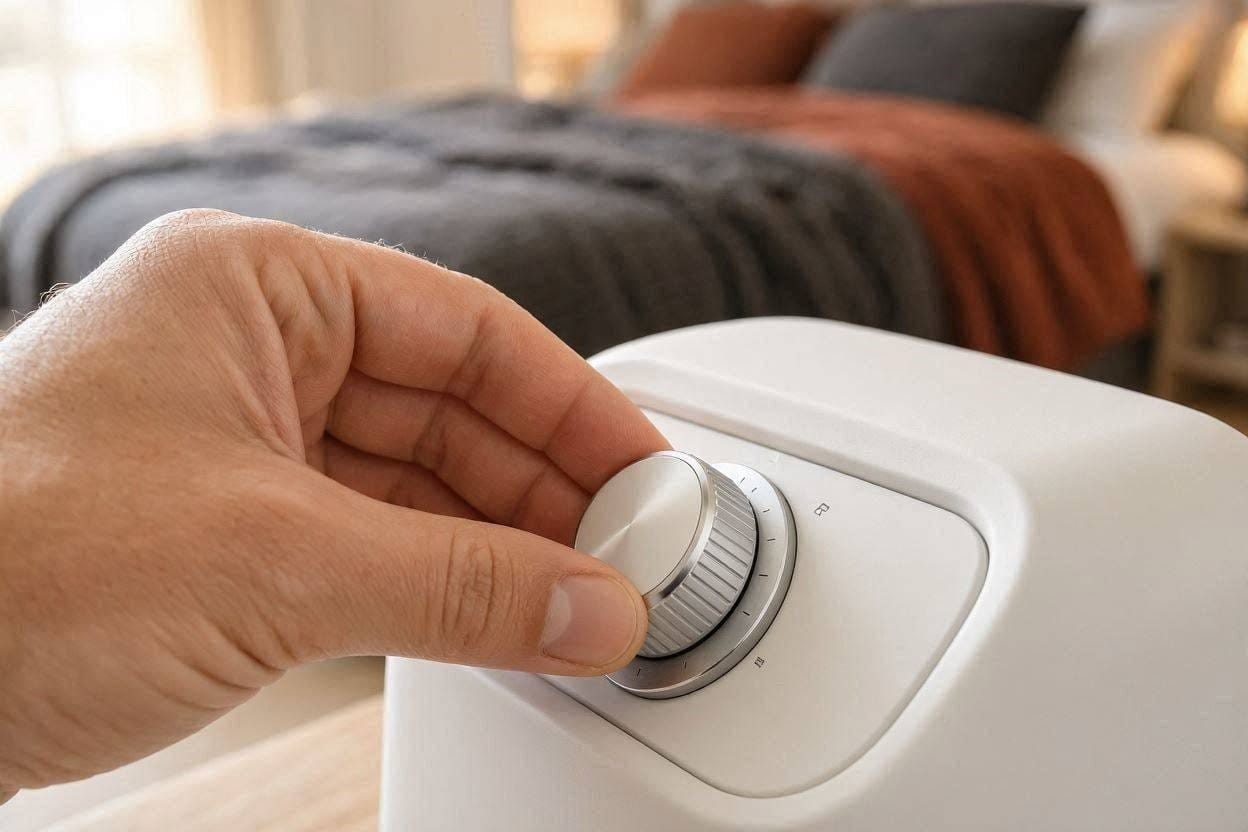 A close up of a hand adjusting the dial on a mechanical white noise sleep machine