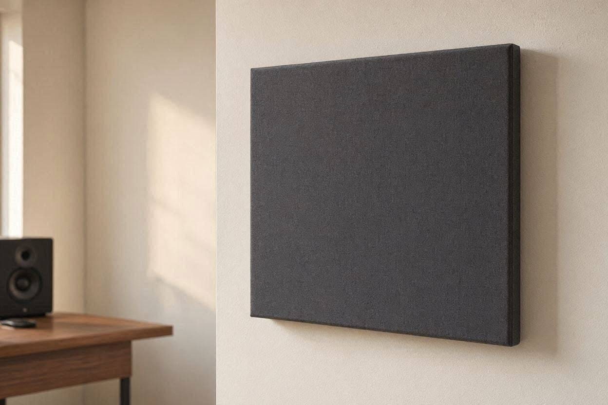 A sleek, fabric-wrapped ATS acoustic panel mounted flawlessly on a home studio wall