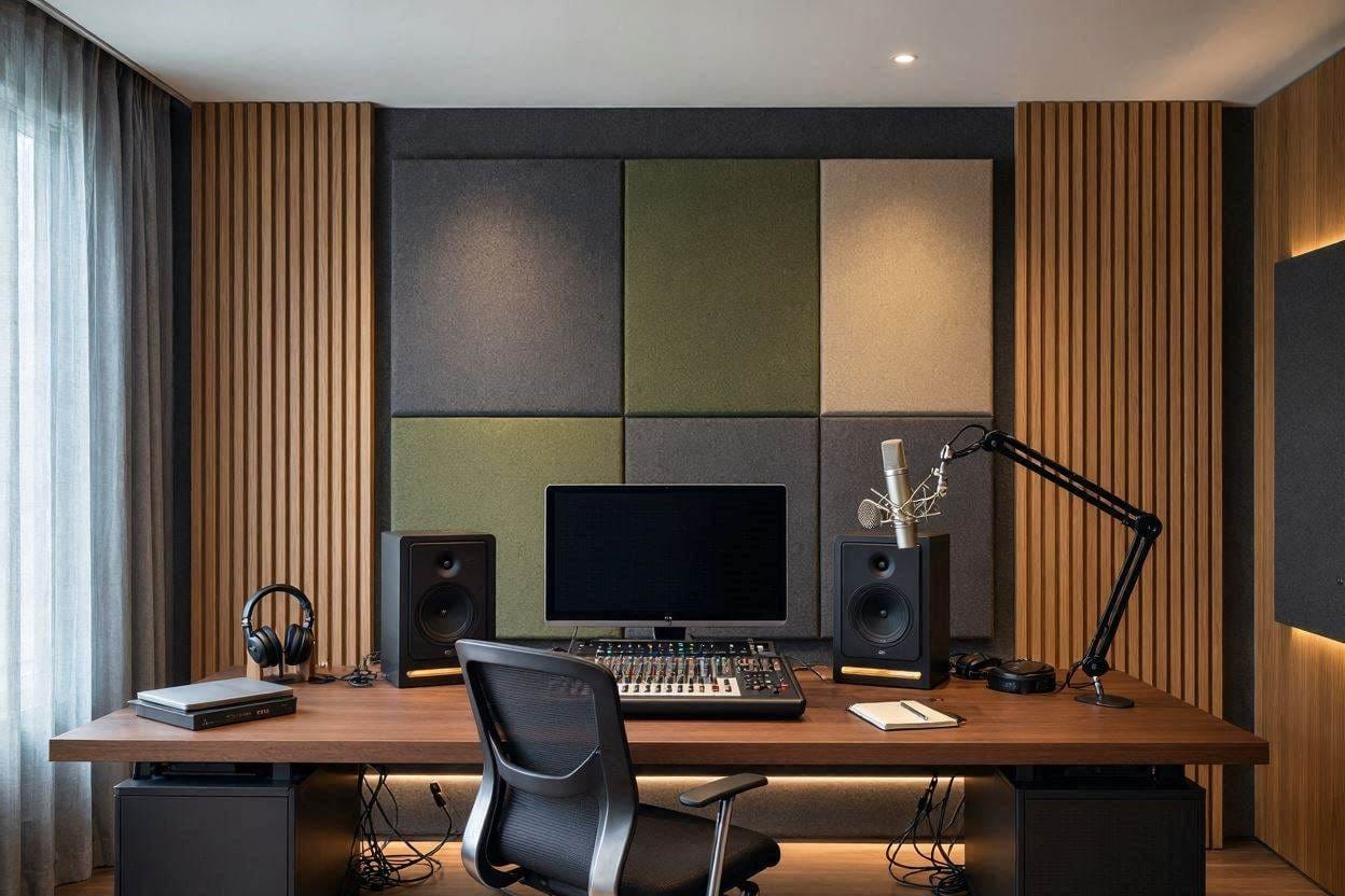 A modern home recording studio featuring stylish fabric-wrapped acoustic panels and wood slat diffusers on the walls
