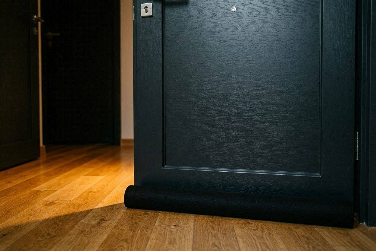 A sleek, heavy-duty door draft stopper blocking the gap under a modern apartment door