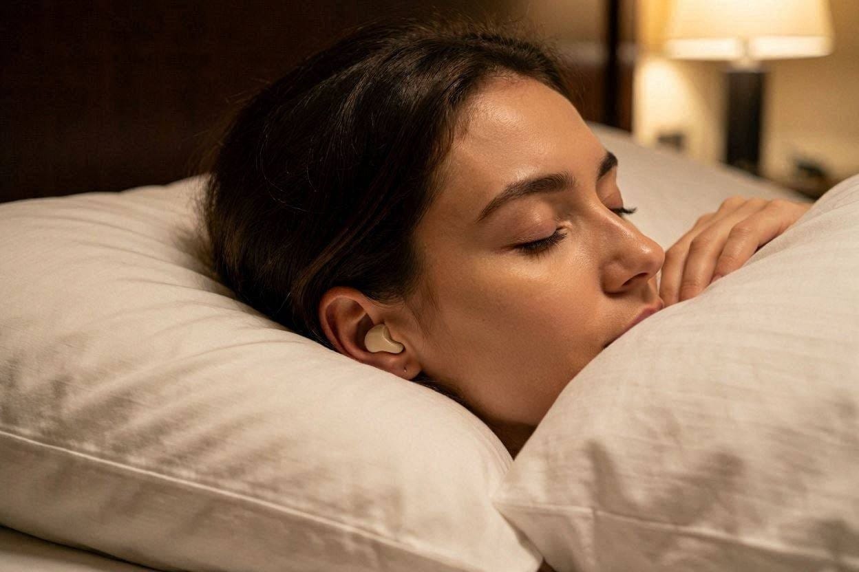 A person sleeping comfortably on their side wearing flush, soft silicone sleep earplugs