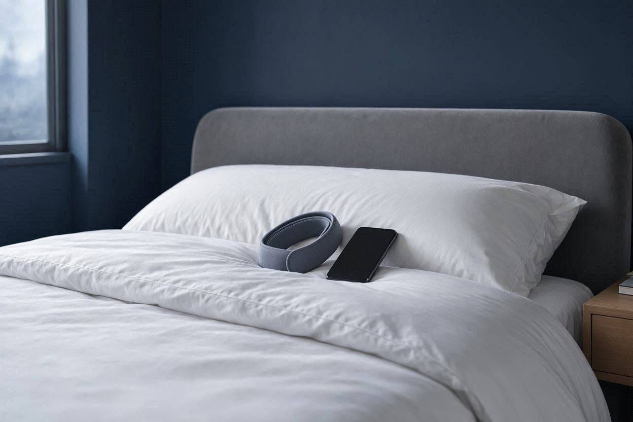 A soft sleep headband resting on a plush white pillow in a tranquil, moonlit bedroom