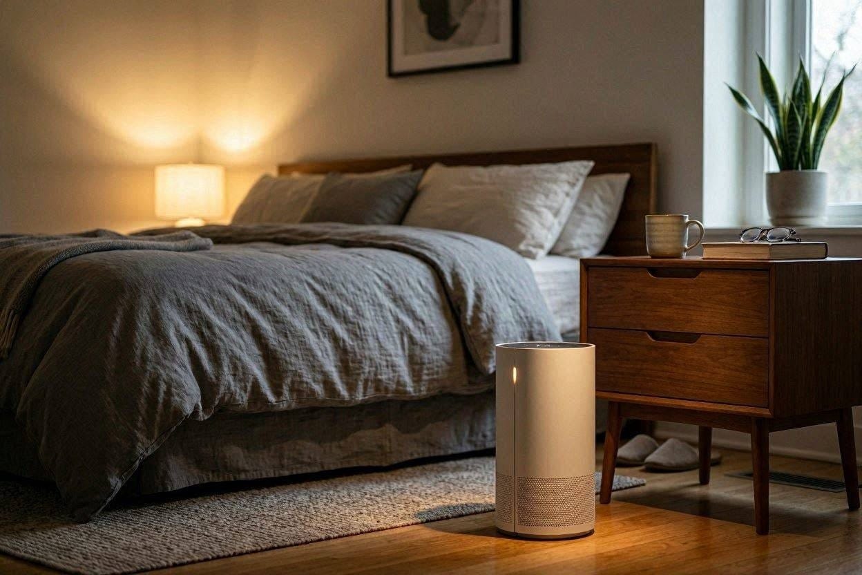 A sleek, quiet HEPA air purifier running in a peaceful, modern bedroom at night