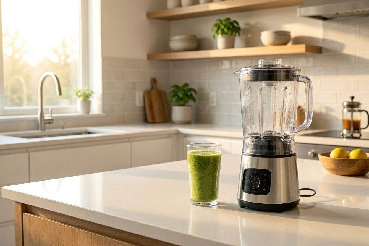 A premium quiet blender with an acrylic sound shield on a modern kitchen counter at sunrise