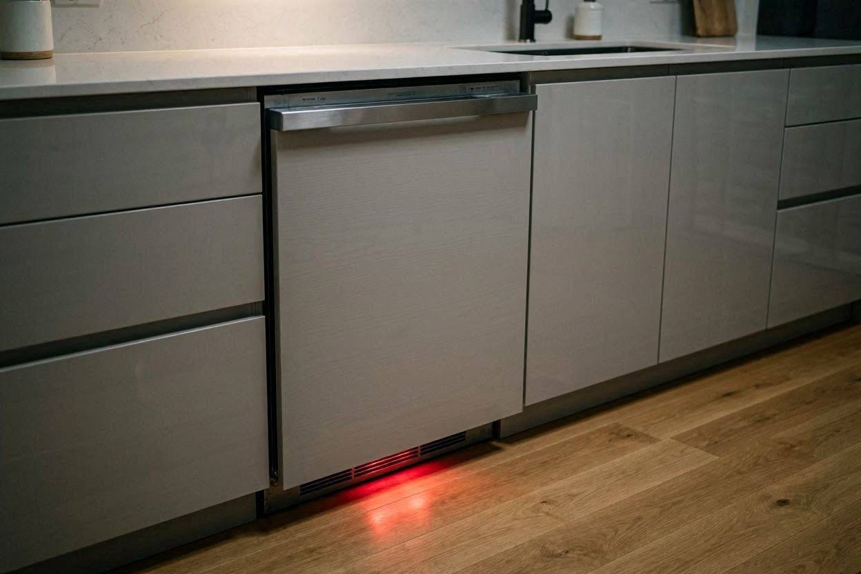 A quiet, modern dishwasher running in a dark, peaceful kitchen with a red indicator light beaming onto the floor