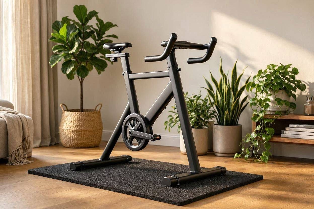 A quiet magnetic resistance exercise bike sitting on a soundproof mat in a modern apartment
