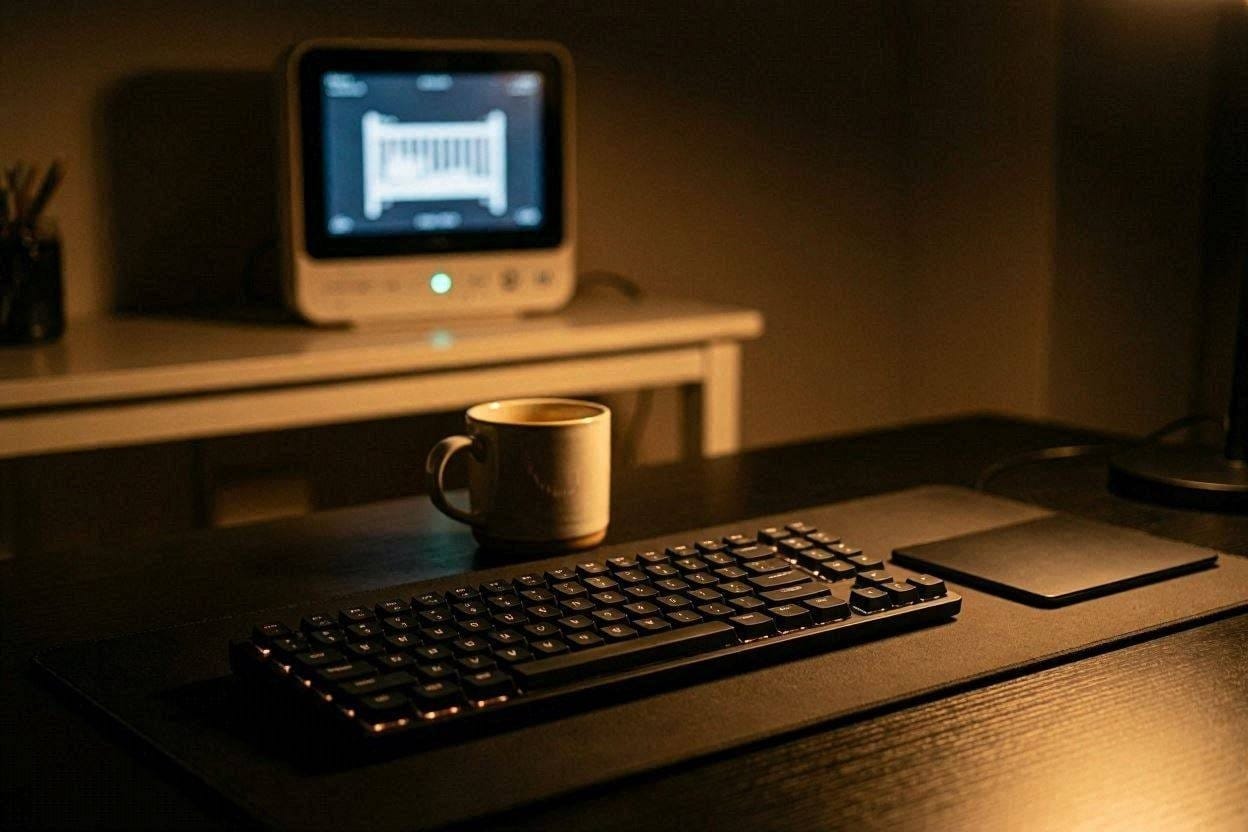 A modern, illuminated silent keyboard on a home office desk at night