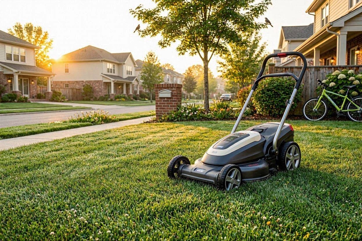 A modern quiet electric lawn mower on a beautiful suburban lawn at sunrise