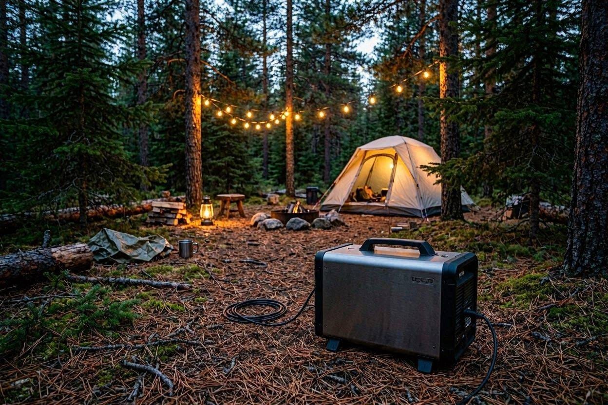 A quiet portable inverter generator powering a peaceful campsite at dusk