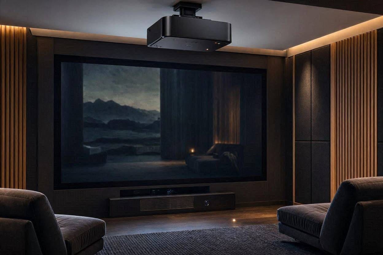 A sleek, quiet 4K projector mounted on a home theater ceiling in a dimly lit room