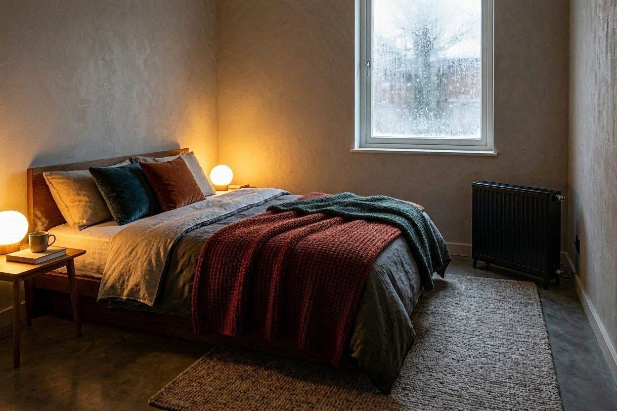 A sleek, quiet oil-filled space heater running in a warm, cozy bedroom at night