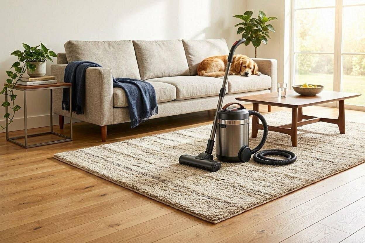 A sleek, quiet vacuum cleaner in a modern living room with a sleeping dog in the background