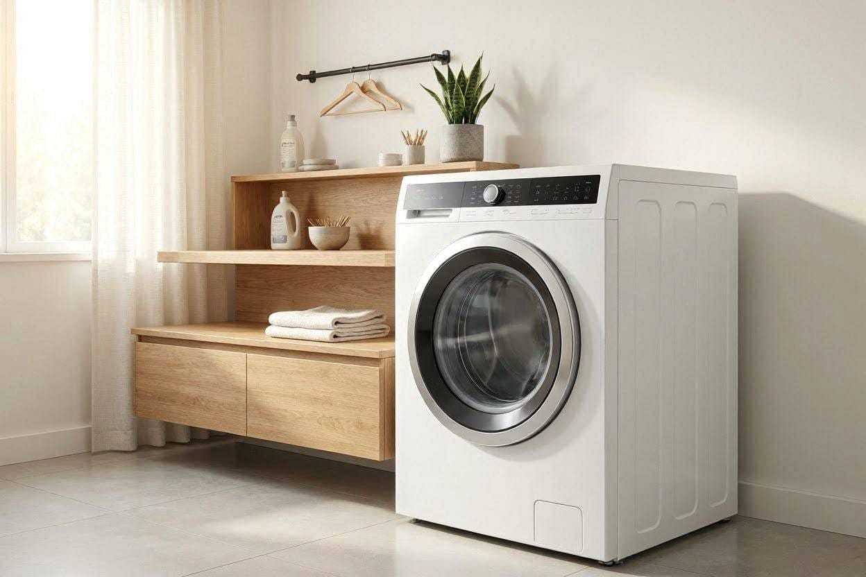 A modern, whisper-quiet washing machine sitting in a peaceful, sunlit laundry room