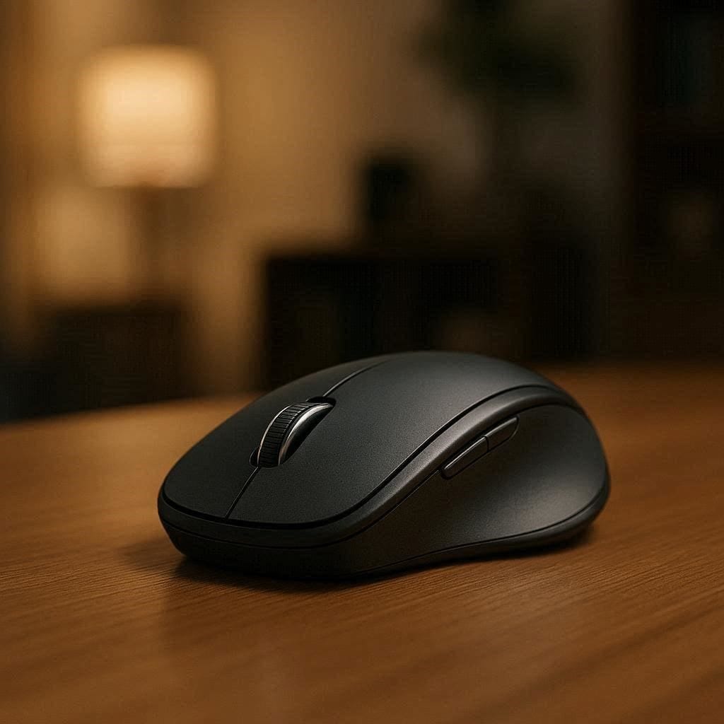A premium silent computer mouse on a clean wooden desk in a quiet home office.