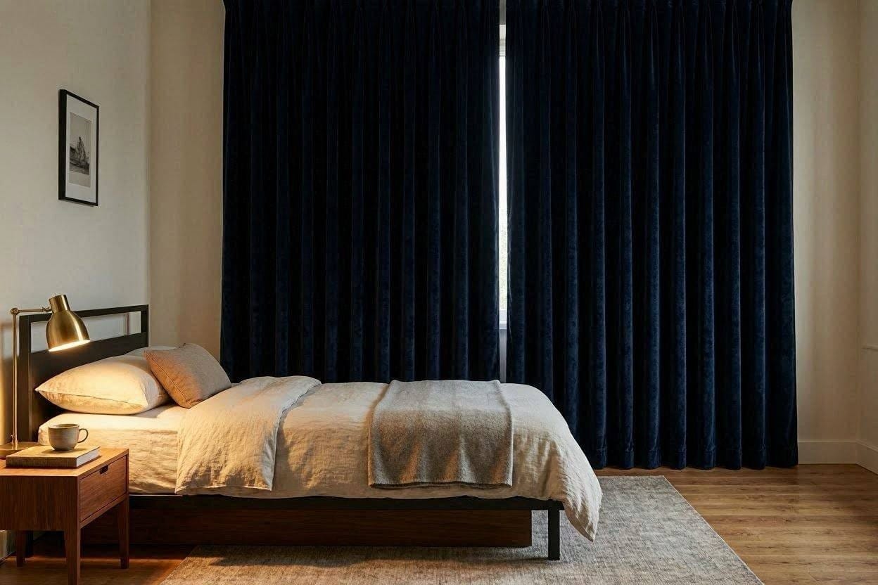 Heavy acoustic soundproof curtains hung floor-to-ceiling in a modern, quiet bedroom