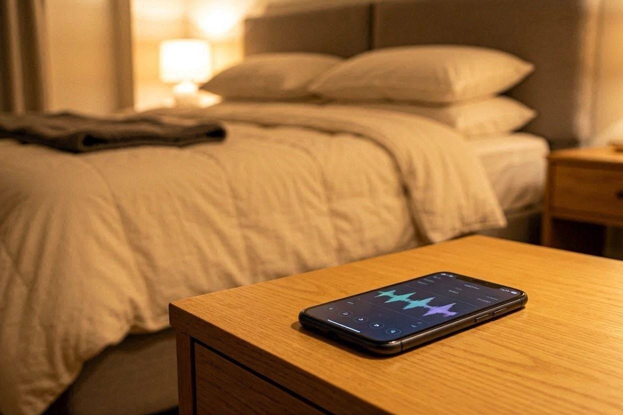 A smartphone displaying a white noise sleep app on a nightstand next to a cozy bed