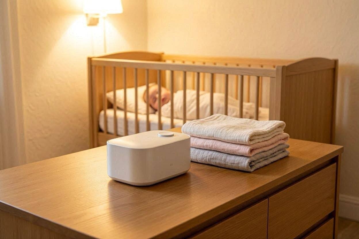 A modern white noise machine on a nursery dresser with a sleeping baby in the background