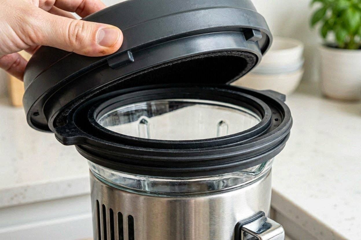 A close-up of the thick rubber acoustic seals on a quiet blender's sound shield