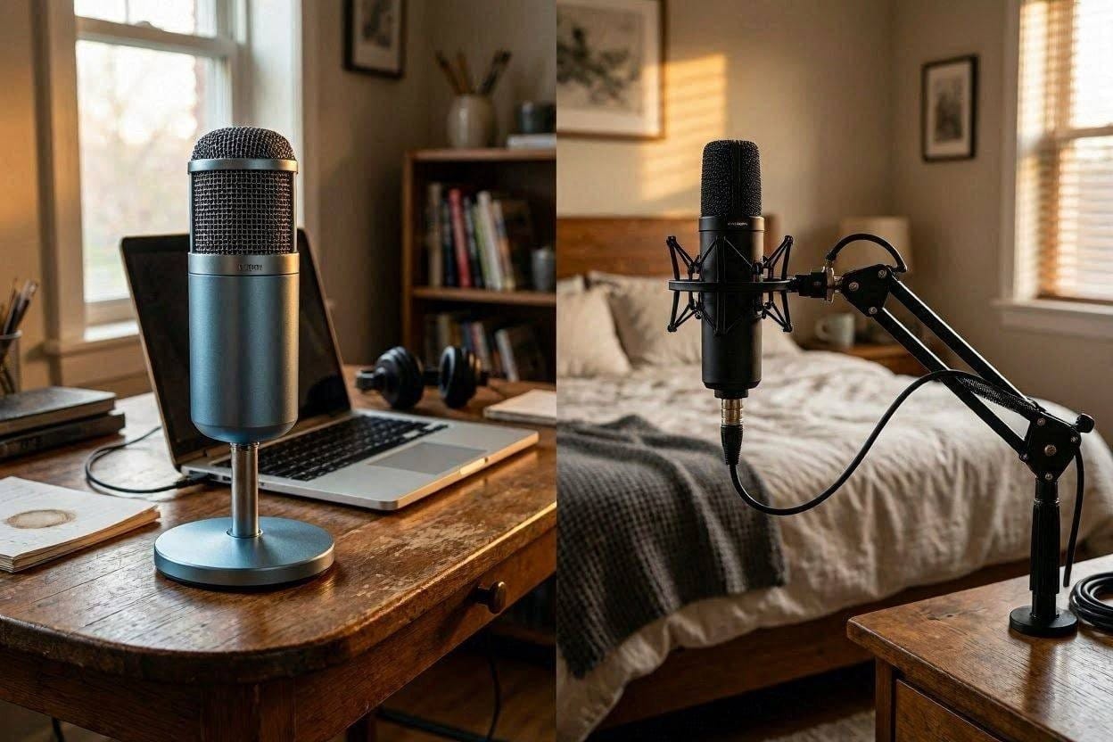 A side-by-side comparison of the Blue Yeti USB microphone and the AT2020 XLR microphone in a home studio setup