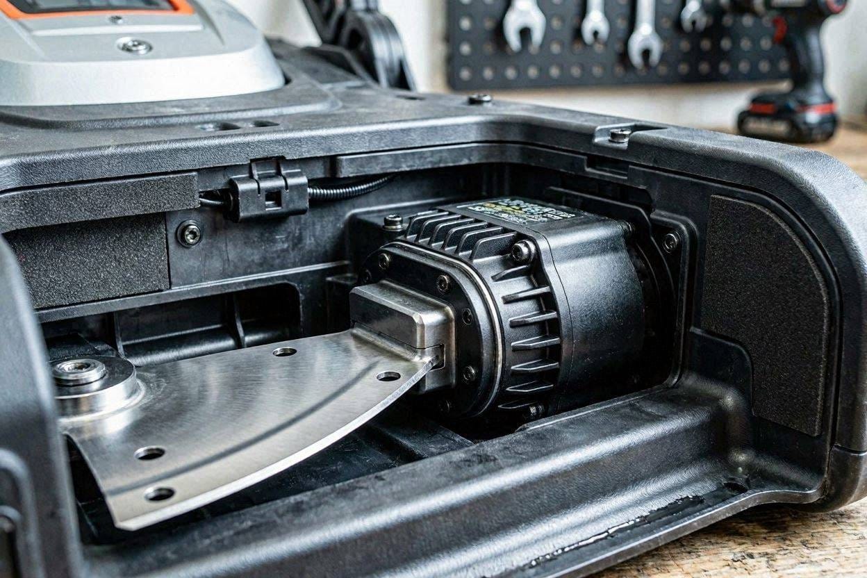 A close-up of the acoustic housing and brushless motor on a quiet electric lawn mower