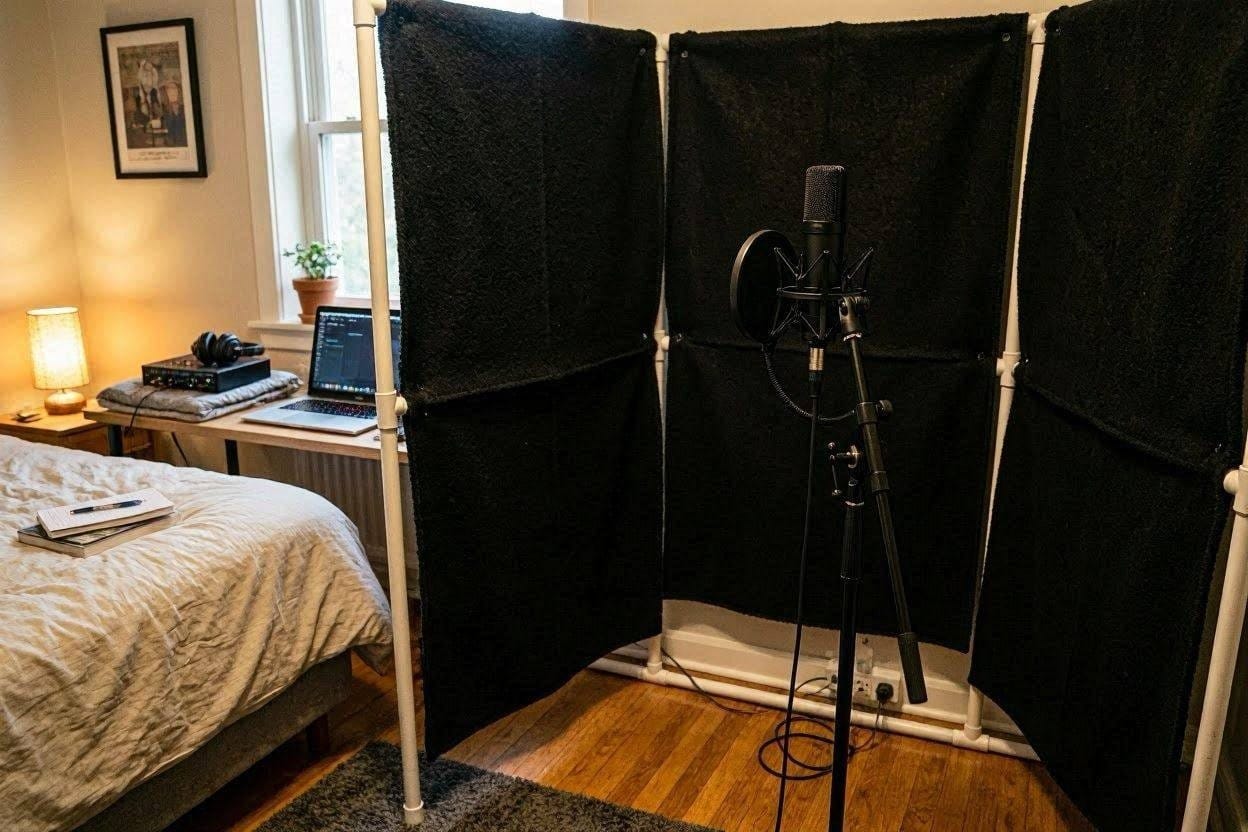 A DIY budget home recording studio setup using thick acoustic blankets to isolate a microphone