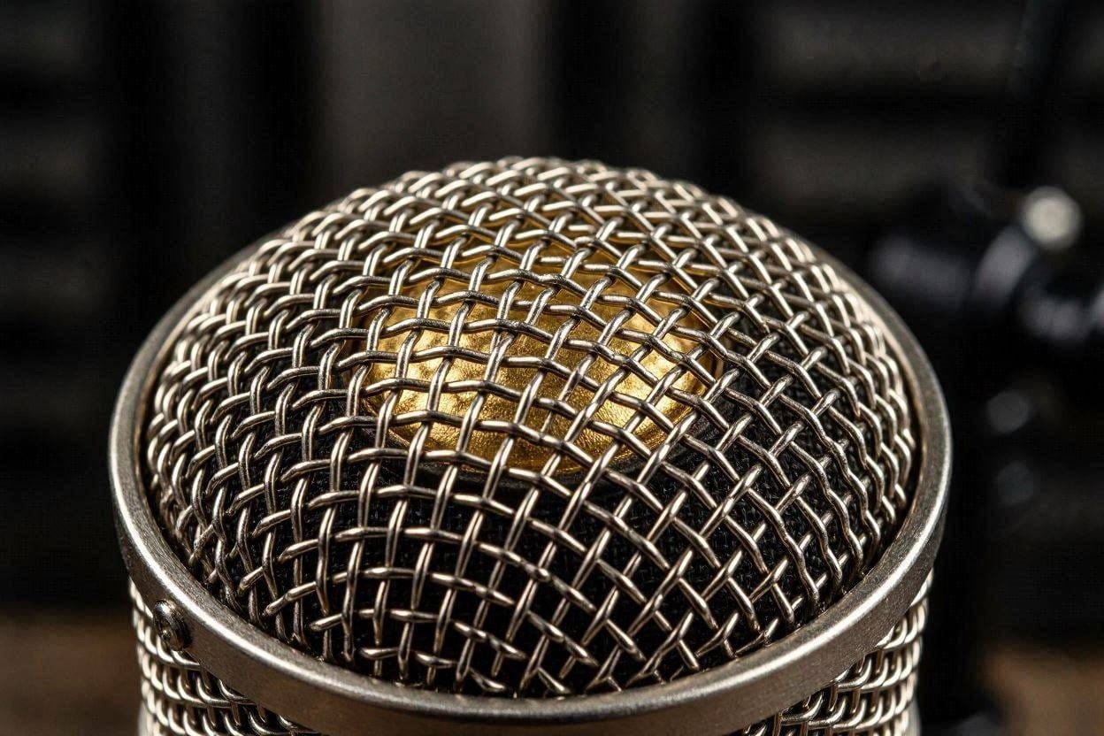A close-up shot of the internal capsule and metal grille of a professional condenser microphone
