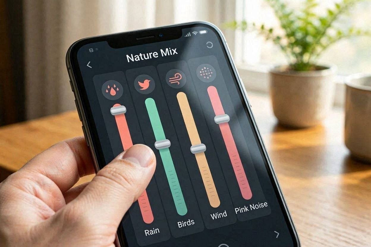 A close-up of a user creating a custom white noise mix on a smartphone sleep app