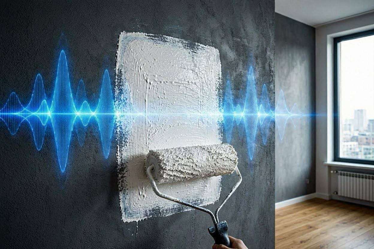A paint roller applying thick acoustic sound-dampening paint to a wall to reduce echo