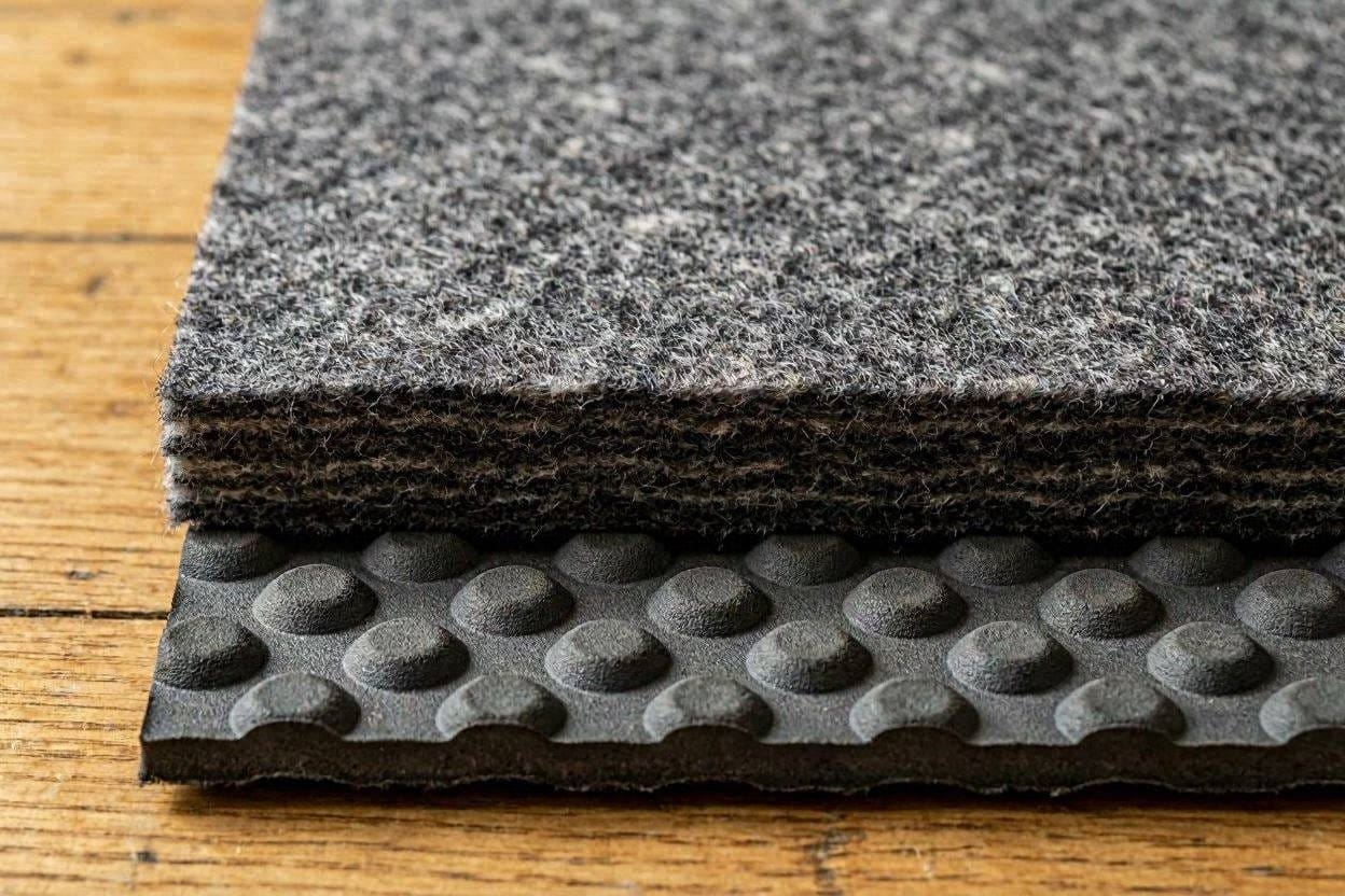 A macro close-up showing the dense felt and rubber layers of an acoustic soundproofing rug pad
