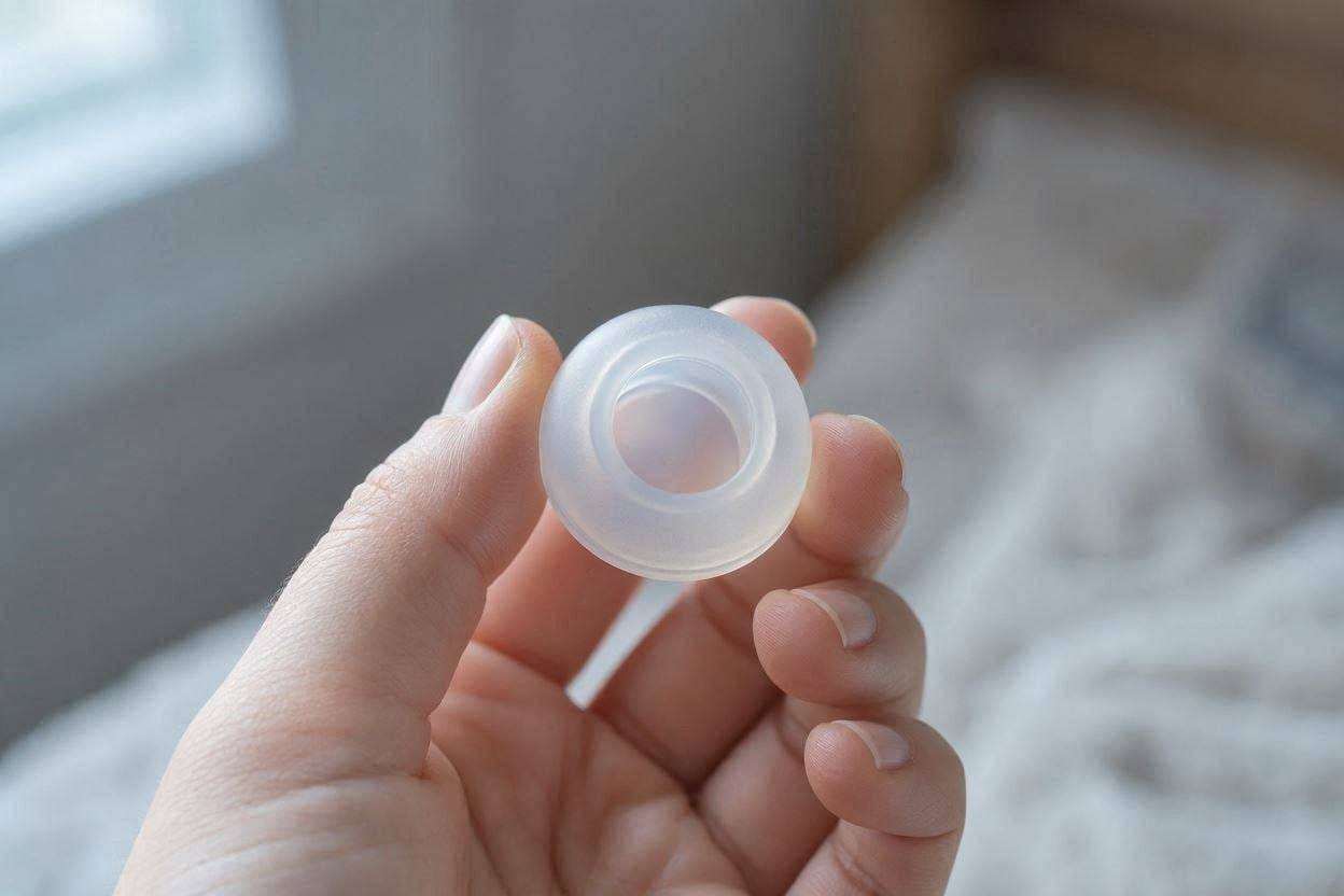 A close-up of a person holding the tiny, translucent silicone Flare Calmer between their fingers to show the hollow interior