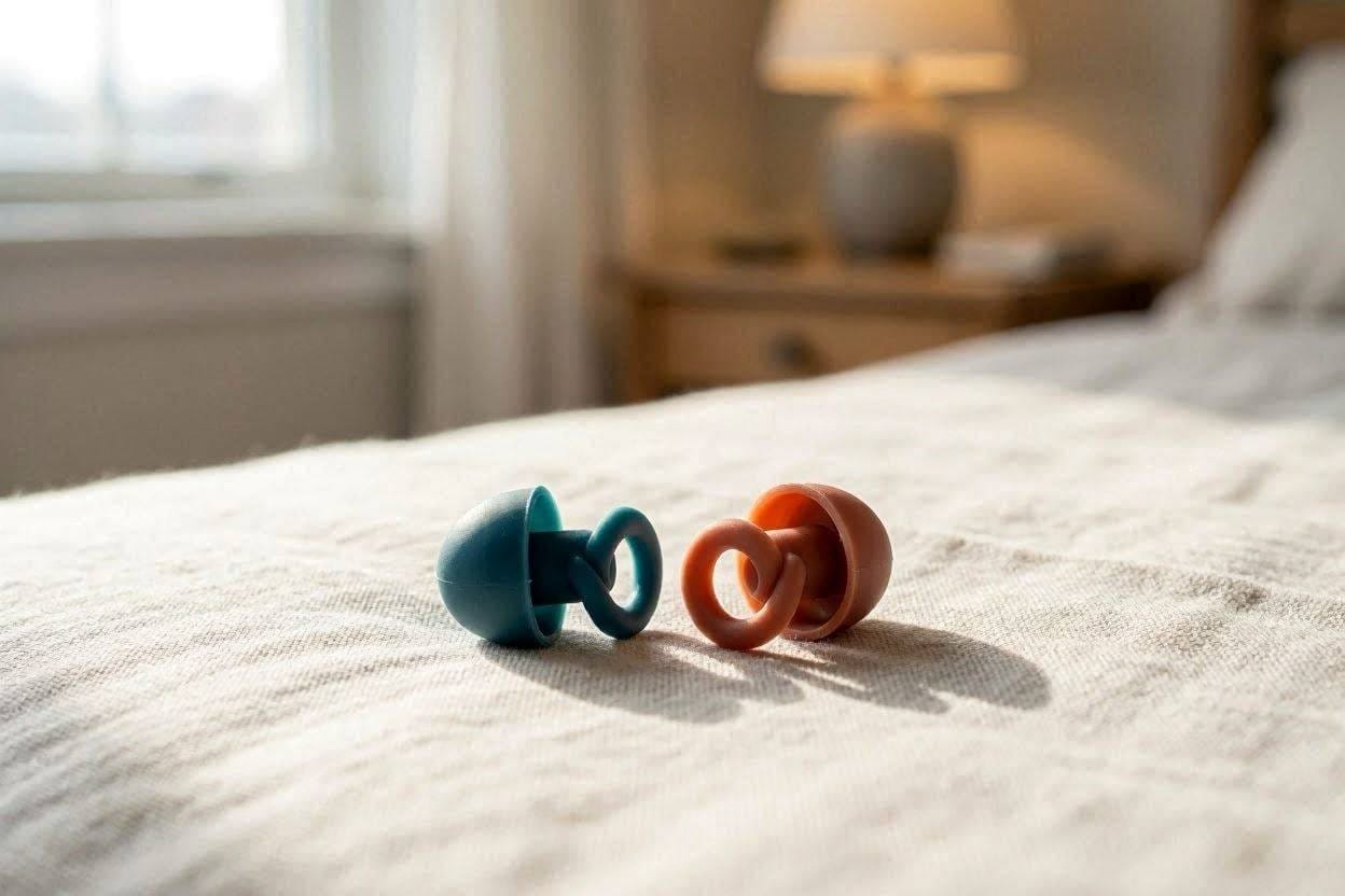 A close-up of flexible, ultra-soft silicone earplugs designed for comfortable side sleeping