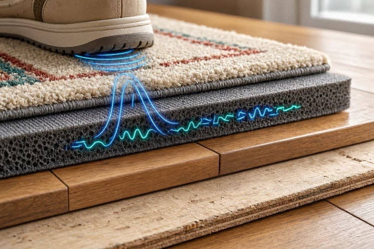 A cross-section diagram showing how a dense rug pad absorbs impact noise before it reaches the subfloor