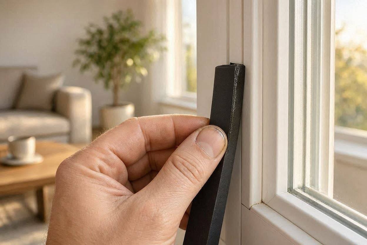 Sealing window gaps with thick weatherstripping tape to block outside noise