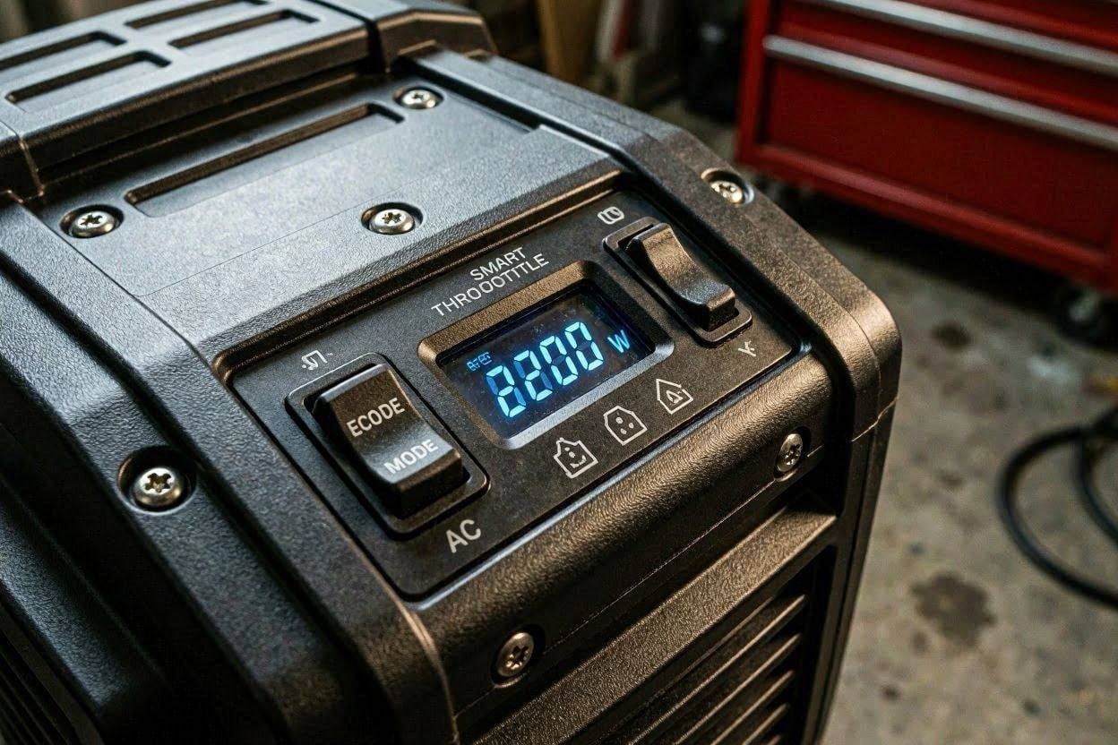 A close-up of the eco-mode throttle switch on a quiet inverter generator control panel