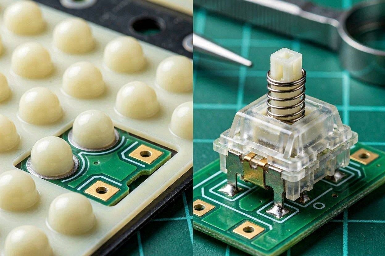 A macro close-up comparing a rubber dome membrane sheet to a mechanical keyboard switch