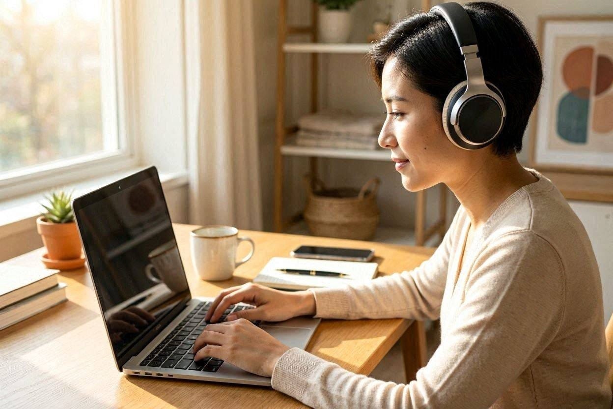 A person wearing noise-canceling headphones using brown noise for deep focus and concentration