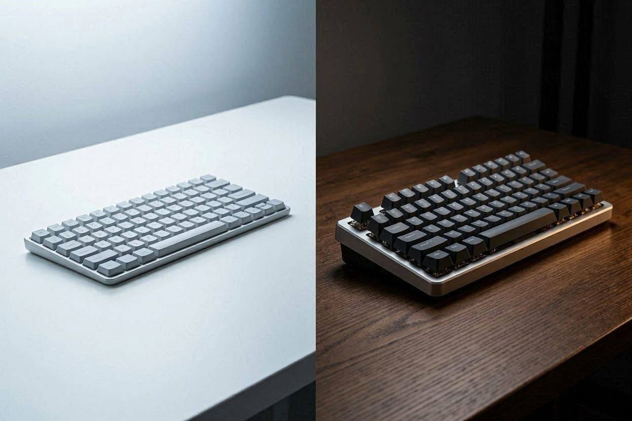 A side-by-side comparison of a low-profile membrane keyboard and a high-profile mechanical keyboard on a modern desk