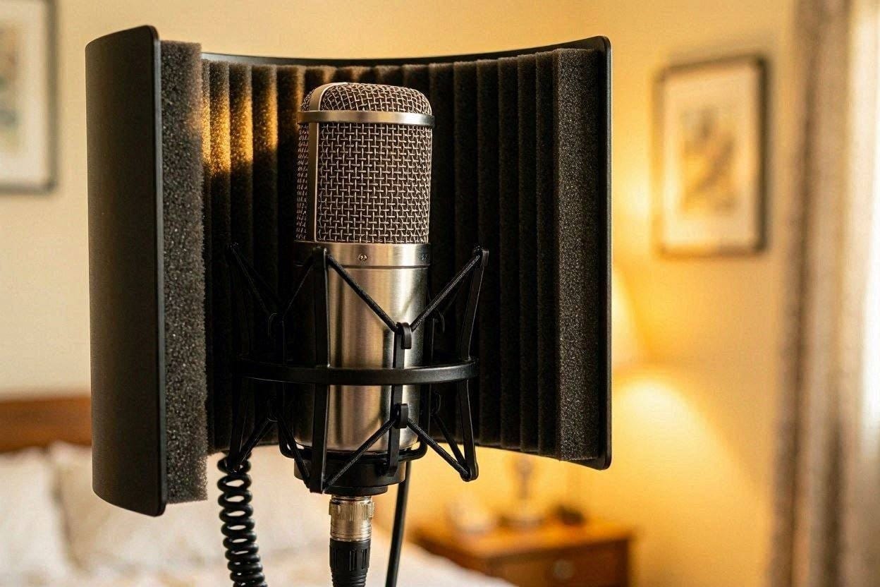 A close up of an acoustic microphone isolation shield used for recording vocals in untreated rooms