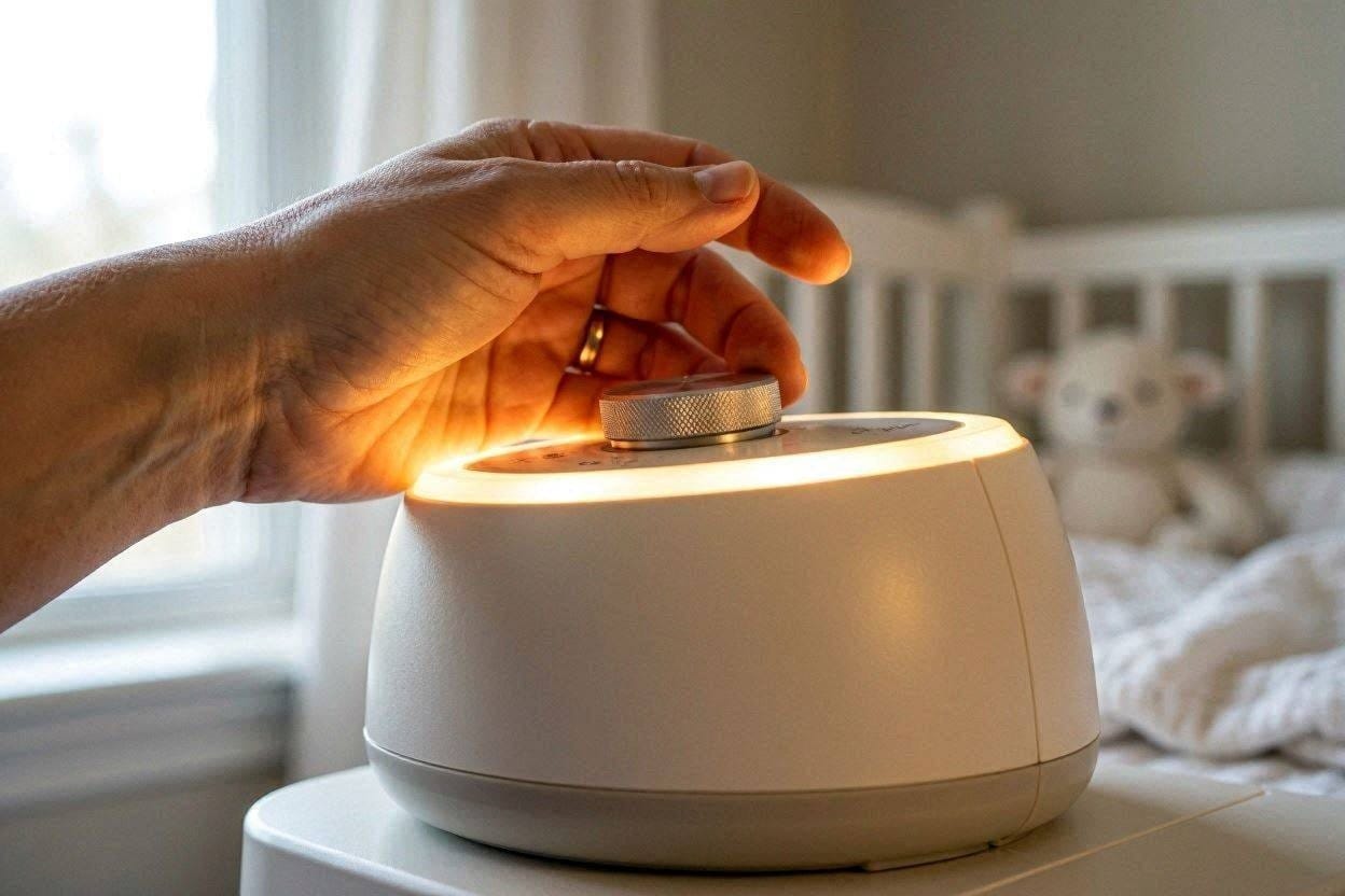 A close-up of a parent adjusting the volume on a baby's white noise and nightlight machine