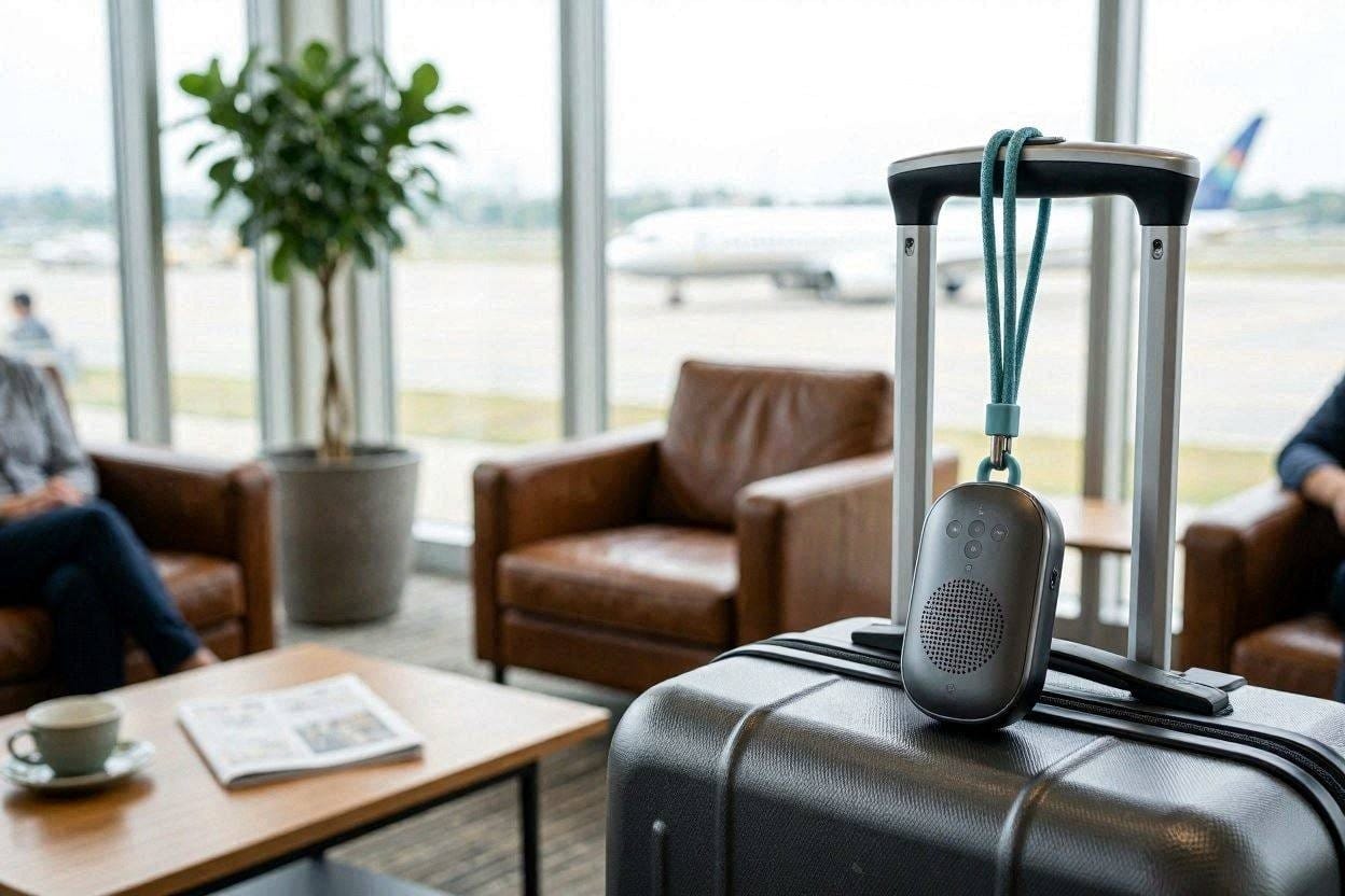 A compact travel white noise machine attached to a modern carry-on suitcase