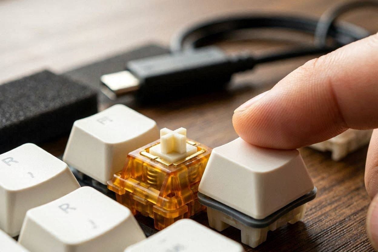 A close-up of a silent mechanical keyboard switch designed to dampen typing noise