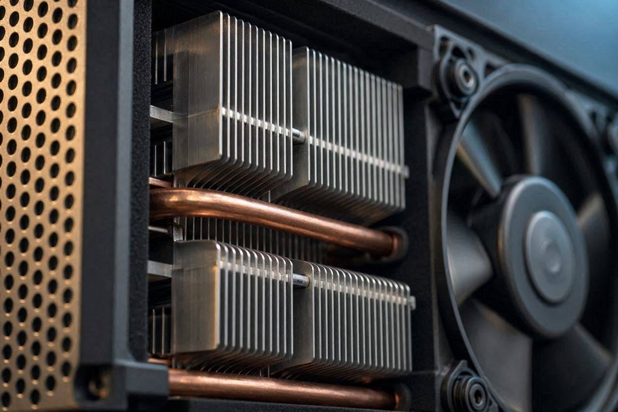 Close up macro shot of the ventilation fins and cooling system on a silent home theater projector