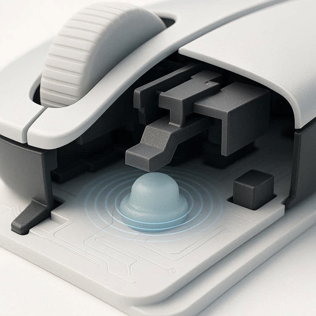 Diagram showing how rubber dampeners eliminate the clicking noise in a silent mouse.