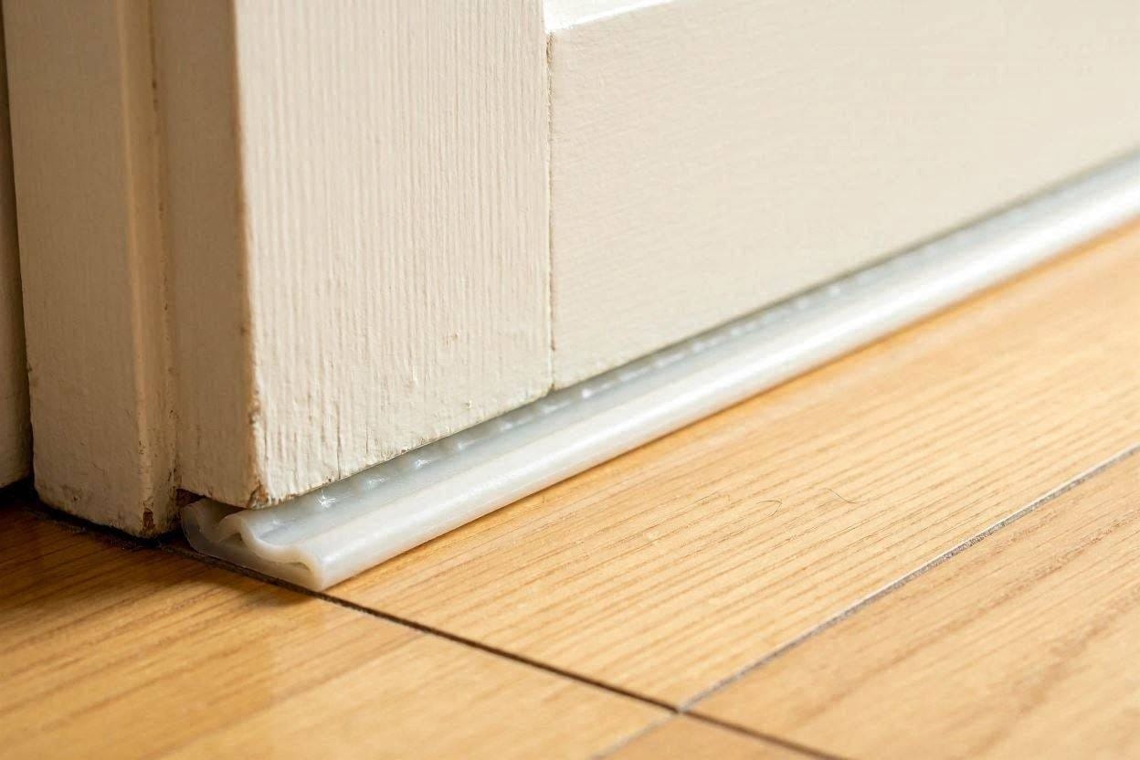A close-up of an adhesive silicone door sweep creating an airtight acoustic seal on a hardwood floor