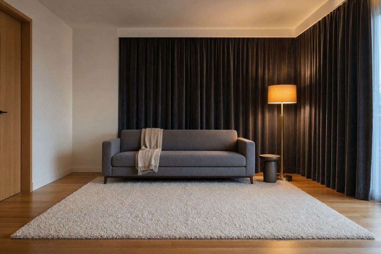 A quiet, soundproofed apartment living room featuring thick acoustic rugs and heavy window curtains