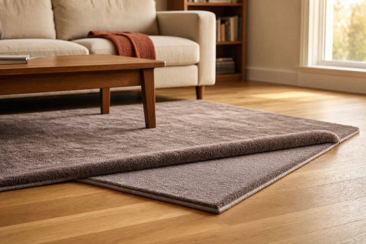 A thick, premium acoustic rug pad exposed under a stylish area rug on a hardwood floor