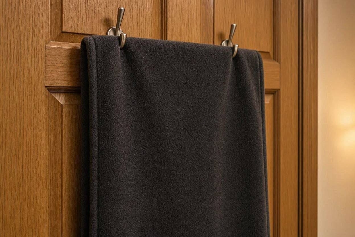 A heavy acoustic soundproofing blanket hung over a hollow core door to block out noise